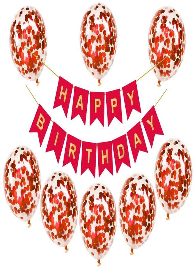 Flyloons Red Happy Birthday Banner with Confetti Balloons Decoration Kit for Boys Girls Kids Men| 8 Pcs Red Colour Confetti Meatallic Balloons| 13 Pcs Reusable Happy Birthday Paper Banner - Image 1